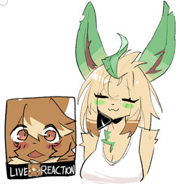 :3 ahoge ambiguous_gender anthro anthrofied armwear big_ear blush breasts brown_body brown_eye brown_fur chest_tuft cleavage clothed clothed_female clothing cute_fangs duo elbow_gloves eyes_close fangs female fur gloves hair handwear open_mouth shirt tan_body tan_fur tan_hair tank_top teeth topwear tuft shiyaa_stuff live_tucker_reaction nintendo pokemon eevee eeveelution generation_1_pokemon generation_4_pokemon leafeon pokemon_(species) 2025