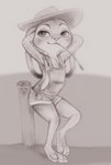 anthro barefoot biped clothed clothing dipstick_ears ear_markings ears_down feet female fur hat headgear headwear mouth_hold multicolored_ears overalls overalls_only pivoted_ears smile solo standing fuchs disney yaranaika zootopia judy_hopps lagomorph leporid mammal rabbit 2020 hi_res meme monochrome traditional_media_(artwork)