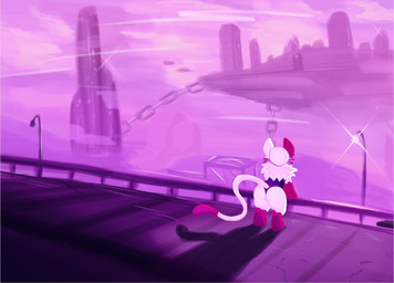 anthro big_butt biped butt digitigrade female female_anthro floating_ears floating_head floating_whiskers leaning leaning_on_railing long_tail one_piece_suit painted_background rear_view solo street_lamp tail thick_thighs soarfloh tee_(soarfloh) domestic_cat felid feline felis mammal hi_res purple_theme