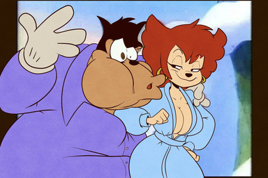 anthro bathrobe big_breasts breasts cleavage clothed clothing duo ear_piercing elbowing female gloves hair handwear male male/female mature_anthro mature_female mature_male piercing red_hair robe screencap_redraw skimpy corythec disney goof_troop peg_pete pete_(disney) domestic_cat felid feline felis mammal digital_drawing_(artwork) digital_media_(artwork) hi_res