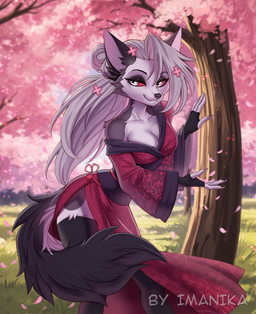 5_fingers anthro asian_clothing biped breasts claws clothed clothed_anthro clothed_female clothing countershade_torso countershading day east_asian_clothing female finger_claws fingers front_view fur grey_body grey_fur grey_hair grey_tail hair japanese_clothing kimono outside plant red_sclera sky solo standing tail thick_thighs tree white_eyes imanika hellaverse helluva_boss mythology loona_(helluva_boss) canid canid_demon canine demon hellhound mammal mythological_canine mythological_creature 2026 digital_drawing_(artwork) digital_media_(artwork)
