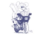 anthro biped chibi motorcycle simple_background sitting solo vehicle white_background j-fujita gamba_no_bouken gamba_no_bouken_(series) ganba mammal mouse murid murine rodent 2022 blue_and_white monochrome