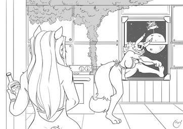 3_toes alcohol appliance apron apron_only backless_clothing backless_dress barefoot beverage big_breasts bottle breasts butt clothing container dress duo exercise feet female hair humor kitchen kitchen_appliance long_hair moon mostly_nude open_window oven side_boob sign smoke stretching toes window wine yawg bandai_namco bucky_o'hare_(series) digimon steamed_hams the_simpsons jenny_(bucky_o'hare) canid canine digimon_(species) mammal renamon black_and_white crossover meme monochrome