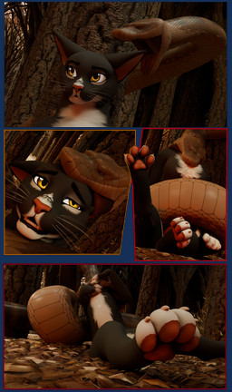 ambiguous_gender anthro asphyxiation death duo female feral forest joemamaplumbing pawpads plant tree vore domestic_cat felid feline felis mammal reptile scalie snake 3d_(artwork) comic digital_media_(artwork) hi_res