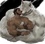 abs anthro arm_hair armpit_hair beard big_muscles big_pecs body_hair chest_hair duo facial_hair fur hairy hand_holding holding_partner hug huge_muscles huge_pecs human_on_anthro interspecies intimate larger_anthro larger_male licking male male/male muscular muscular_anthro muscular_human muscular_male nipples nude pecs romantic romantic_couple size_difference smaller_human smaller_male tongue white_body white_fur dopq mythology canid canine canis human mammal mythological_canine mythological_creature werecanid werecanine werecreature werewolf wolf absurd_res hi_res