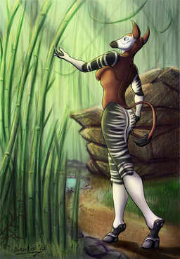 anthro bamboo bamboo_tree biped breasts butt casual_nudity detailed_background female nature nude outside plant side_boob solo standing tail tree boneitis giraffid mammal okapi 2010 signature