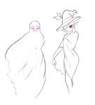 cloak clothed clothing duo ear_piercing female fingers ghost_costume hair hat headgear headwear humanoid_pointy_ears noseless not_furry piercing pink_sclera pointy_ears purple_eyes simple_background white_background witch_hat garbageman disney duck_dodgers wander_over_yonder lord_dominator queen_tyr'ahnee alien alien_humanoid humanoid absurd_res crossover hi_res monochrome spot_color