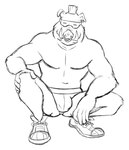 anthro bulge clothed clothing crouching ear_piercing ear_ring eyewear facial_piercing footwear glasses holding_knee holding_leg male muscular muscular_male navel nose_piercing nose_ring piercing ring_piercing shoes simple_background smile sneakers solo topless tusks white_background thegreatmatsutzu teenage_mutant_ninja_turtles bebop mammal suine black_and_white monochrome sketch