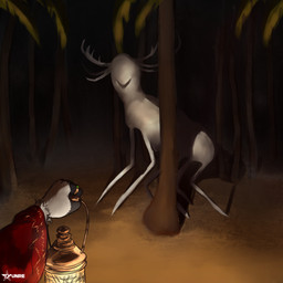 ambiguous_gender anthro clothing feral forest fur gold_(metal) group lamp lantern multicolored_body multicolored_fur night plant red_clothing ring samt tree two_tone_body two_tone_fur tyunre ombrelune ambiguous_species cryptid 1:1 hi_res