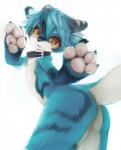 4_fingers anthro big_eyes black_nose blue_body blue_fur blue_hair butt cheek_tuft claws collar facial_tuft fingers fur hair horn inner_ear_fluff kemono looking_at_viewer male multicolored_body multicolored_fur multicolored_hair nude open_mouth pawpads pink_pawpads simple_background smile solo tuft two_tone_body two_tone_fur white_background white_body white_fur yellow_eyes fuzisawa rufen mammal 2015