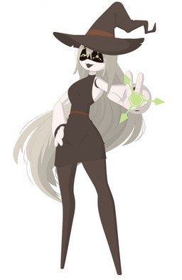 4_fingers bangs bent_arm black_clothing black_dress black_sclera breasts brown_clothing brown_hat brown_headwear brown_legwear brown_stockings clothed clothed_female clothed_humanoid clothing dress eyewear featureless_legs female fingers fully_clothed fully_clothed_female fully_clothed_humanoid glasses green_eyes grey_hair hair hand_on_hip hand_on_own_hip hat headgear headwear legwear long_hair looking_at_viewer machine metallic_body noseless not_furry open_mouth open_smile round_glasses simple_background smile smiling_at_viewer solo standing stockings torn_clothing torn_hat torn_headwear white_background white_body witch_hat elcastorblanco glitch_productions murder_drones fan_character humanoid robot robot_humanoid 2025 cel_shading colored digital_drawing_(artwork) digital_media_(artwork) english_description full-length_portrait hi_res portrait shaded