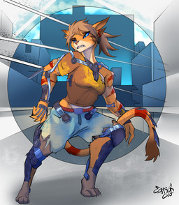 anthro bandges bottomwear breasts city city_background cityscape clothing cybernetic_limb cybernetics cyberpunk denim denim_bottomwear denim_clothing denim_shorts exoskeleton female machine paws shorts small_breasts tail_weapon topwear torn_clothing carrioncat katlyn_(carrioncat) cyborg felid feline mammal hi_res
