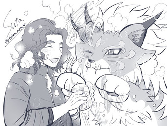 bathing duo feral hair long_hair male one_eye_closed pawpads smile soap suds wink sutan_sutata bandai_namco digimon digimon_beatbreak kyo_sawashiro cougarmon felid feline human mammal 4:3