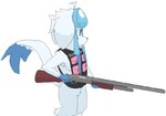 5_fingers anthro armpit_hair bad_trigger_discipline big_breasts big_eyes blue_body blue_eyes blue_fur blue_nose body_hair bottomless breasts bulletproof_vest clothed clothing digitigrade dipstick_tail featureless_crotch female fingers floppy_ears fur gloves_(marking) gun holding_gun holding_object holding_ranged_weapon holding_shotgun holding_weapon markings mouth_closed no_pupils raised_tail ranged_weapon shotgun side_boob simple_background solo standing tail tail_markings text three-quarter_view topwear topwear_only vest vest_only weapon white_background pitzspecial nintendo pokemon offmodel_(pitzspecial) eeveelution generation_4_pokemon glaceon pokemon_(species) 2024 aliasing binary_drawing cel_shading digital_drawing_(artwork) digital_media_(artwork) portrait shaded sketch three-quarter_portrait