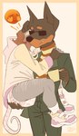 ageplay ambiguous_gender anthro blush bottomwear brown_body brown_hair bunnyhopps_(diaper) clean_diaper clothed clothing diaper duo embarrassed eyewear flustered footwear glasses grey_body hair holding_another hoodie infantilism leg_scar male male/ambiguous object_in_mouth orange_background pacifier pacifier_in_mouth pants roleplay scar shoes simple_background socks suit_jacket thigh_scar topwear wearing_diaper wearing_glasses bbawua abuniverse bunnyhopps american_opossum canid canine canis dobermann domestic_dog mammal marsupial pinscher virginia_opossum hi_res