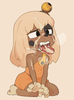 accessory after_oral after_sex anthro bell_accessory biped black_eyes black_markings black_nose blonde_hair bodily_fluids brown_body brown_fur clothed clothing cum cum_in_hair cum_in_mouth cum_inside cum_on_arm cum_on_face cum_on_tongue female fur genital_fluids gloves_(marking) hair hair_accessory kneeling leg_markings markings messy open_mouth overalls_only patch_(marking) simple_background socks_(marking) solo teeth tongue tongue_out white_markings young young_anthro young_female hua113 ankama dofus lilotte canid mammal ouginak 2025 hi_res