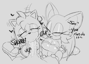 anthro blowjob_face eyelashes fellatio female genitals group half-closed_eyes long_eyelashes male male/female narrowed_eyes oral penile penis sex text trio guillion sega sonic_the_hedgehog_(series) amy_rose rouge_the_bat bat eulipotyphlan hedgehog human mammal english_text hi_res monochrome sketch