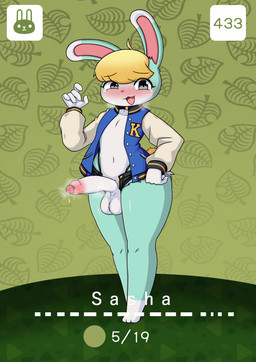 anthro balls big_penis blonde_hair blush bodily_fluids clothed clothing countershading erection femboy foreskin front_view fur genital_fluids genitals green_body green_fur hair humanoid_genitalia humanoid_penis jacket leg_markings looking_at_viewer male markings musk open_clothing open_jacket open_mouth open_smile open_topwear penis penis_poking_out penis_through_fly precum smile socks_(marking) solo standing topwear white_body white_countershading white_fur wide_hips metto animal_crossing nintendo sasha_(animal_crossing) lagomorph leporid mammal rabbit absurd_res hi_res