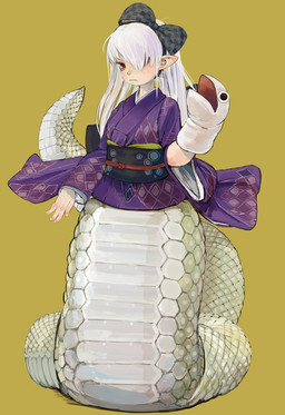 accessory apode asian_clothing blush bow_(feature) bow_accessory bow_ribbon clothed clothing east_asian_clothing fangs female hair hair_accessory hair_bow hair_over_eye hair_ribbon hand_puppet humanoid_pointy_ears japanese_clothing legless long_hair long_sleeves looking_at_viewer monster_girl_(genre) one_eye_obstructed pointy_ears puppet red_eyes ribbons scales serpentine simple_background solo split_form standing teeth white_hair yellow_background yukata ebi_momo draconcopode lamia reptile scalie snake hi_res