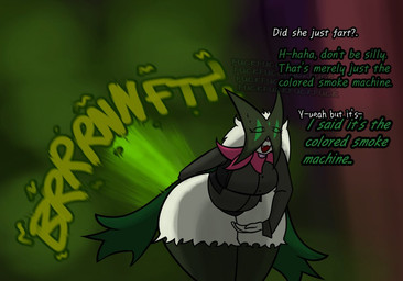 anthro breasts clothing collared_shirt dialogue embarrassed eyes_closed fangs fart fart_cloud fart_fetish female fur green_body green_fur mask open_mouth pink_nose shirt solo stage teeth text thick_thighs topwear vest wide_hips yikki nintendo pokemon rosaria_(yikki) generation_9_pokemon meowscarada pokemon_(species) 2025 digital_drawing_(artwork) digital_media_(artwork) english_text