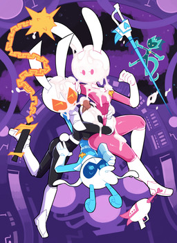 anthro anthro_on_anthro armor big_breasts bodily_fluids breast_play breasts butt clothed clothing cum cum_on_face cumshot ejaculation erection female genital_fluids genitals group group_sex headgear helmet huge_breasts male male/female penis ranged_weapon raygun sex spacecraft spacesuit threesome titfuck vehicle weapon miscon kuro_(miscon) midori_(miscon) pinku_(miscon) raito_buru_(miscon) bovid caprine goat lagomorph leporid mammal rabbit 2025 absurd_res hi_res
