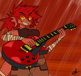 bottomwear breasts clothing electric_guitar female fingers guitar hair musical_instrument playing_guitar playing_music plucked_string_instrument red_hair solo string_instrument topwear lucky_soft humanoid reptile scalie hi_res