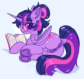 anus blue_background blush book butt cutie_mark equine_anus eyewear eyewear_only feathered_wings feathers female feral fur genitals glasses glasses_only hair hair_bun hooves horn humanoid_genitalia humanoid_vulva looking_at_viewer looking_back looking_back_at_viewer lying nude on_side open_book puffy_anus purple_body purple_eyes purple_fur purple_hair purple_tail reading reading_book rear_view round_glasses shocked simple_background solo tail underhoof vulva wearing_glasses wings konejo friendship_is_magic hasbro my_little_pony mythology twilight_sparkle_(mlp) equid equine mammal mythological_creature mythological_equine winged_unicorn 2023 colored colored_sketch digital_drawing_(artwork) digital_media_(artwork) flat_colors hi_res sketch