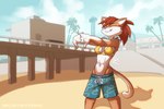 anthro bikini bikini_top clothing cracking_knuckles detailed_background eyes_closed female fur hair orange_body orange_fur orange_hair ponytail solo stretching summer swimming_trunks swimwear two-piece_swimsuit bluecoffeedog amber_(bluecoffeedog) domestic_cat felid feline felis mammal