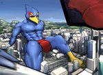 anthro blue_body blue_fur building city clothing corneria destruction extreme_size_difference fur genitals inside_clothing inside_underwear internal macro male mountain penis size_difference sky solo speedo street swimwear underwear worship wootenstien nintendo star_fox falco_lombardi avian bird 2020 hi_res