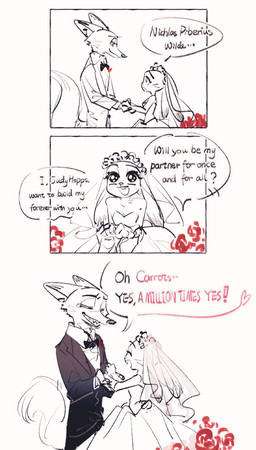 anthro anthro_on_anthro black_tie_(suit) bodily_fluids clothed clothing dialogue dress female fingers fur interspecies long_ears male male/female predator/prey standing suit tears text wedding wedding_dress wedding_veil meatballs_5u disney zootopia judy_hopps nick_wilde canid canine fox lagomorph leporid mammal rabbit comic english_text hi_res monochrome spot_color