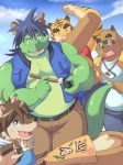 anthro biceps clothed clothing eyebrows fur green_body green_skin group kemono looking_at_viewer male markings muscular muscular_male open_clothing open_mouth open_shirt open_topwear overweight pecs shirt simple_background tail thick_eyebrows topwear ayame42612 monokuro426 asian_mythology east_asian_mythology morenatsu mythology kounosuke_(morenatsu) shun_(morenatsu) tatsuki_(morenatsu) torahiko_(morenatsu) canid canine canis dragon eastern_dragon felid mammal mythological_creature mythological_scalie pantherine raccoon_dog scalie tanuki tiger wolf 3:4 unavailable_at_source