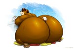 anthro beverage big_butt brown_body brown_fur brown_hair butt fur hair huge_butt hyper hyper_butt male nude overweight overweight_anthro overweight_male simple_background solo gillpanda cinna_(megacoolbear) bear mammal 2021 hi_res