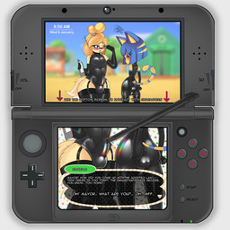 adjusting_glasses anthro bell black_clothing black_latex black_legwear black_stockings blonde_hair blue_hair blush brown_body brown_fur bulge butt clothing crossgender dialogue duo eyewear femboy ftm_crossgender fur gameplay_mechanics glasses hair holding_object latex legwear looking_at_viewer male open_mouth outside stockings stylus tail text xorza animal_crossing nintendo nintendo_3ds nintendo_ds_family ankha_(animal_crossing) isabelle_(animal_crossing) canid canine canis domestic_cat domestic_dog felid feline felis mammal 1:1 2022 digital_media_(artwork) english_text hi_res