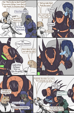 2_toes 6_eyes dialogue digitigrade feet female floating full_armor green_eyes group holding_tail levitating long_tail male multi_eye speech_bubble tail text toes yellow_eyes thedragonjade halo_(series) microsoft xbox_game_studios alien colonial_organism huragok lekgolo mgalekgolo sangheili absurd_res colored comic english_text hi_res