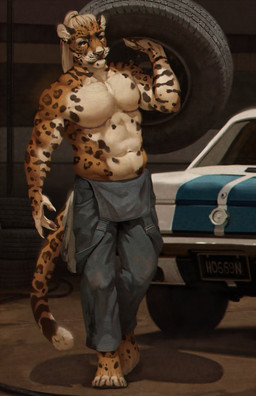 abs anthro barefoot brown_body brown_fur car clothed clothing feet fur hair holding_object inside leopard_spots male mastectomy_scar mechanic muscular muscular_anthro muscular_male overalls overalls_down overalls_only pecs ponytail scar solo spots tire topless topless_anthro topless_male vehicle white_body white_fur honovy mil_(heskynn) felid jaguar mammal pantherine 2020 digital_media_(artwork) hi_res trans_(lore) trans_man_(lore)