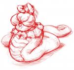 apode big_breasts breasts clothed clothing female hair hands_behind_head huge_breasts legless nipple_outline non-mammal_breasts obese obese_female overweight overweight_female serpentine smile solo split_form audiophilekitsune draconcopode lamia reptile scalie snake hi_res monochrome sketch