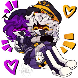 4_fingers beanie clothed clothing duo female fingers hair hat hazard_stripes headgear headwear machine male mechanical_arm not_furry purple_eyes purple_hair romantic romantic_couple screen_eyes short_hair topwear white_body yellow_eyes sd_dja glitch_productions murder_drones n_(murder_drones) uzi_(murder_drones) android disassembly_drone humanoid robot robot_humanoid worker_drone 1:1
