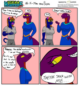 anthro clothing cochlear_implant_processor deaf dialogue duo female grin hand_on_hip keikogi martial_arts_uniform shirt smile sportswear tank_top topwear baristagamerproductions ada_(gem_hunters) phoebe_(gem_hunters) felid feline mammal reptile scalie snake absurd_res hi_res