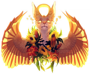 ambiguous_gender brown_stripes countershading feathered_wings feathers feral flower fur lily_(flower) looking_at_viewer orange_body orange_fur plant simple_background solo spread_wings stripes sun sunflower white_background white_body white_countershading wings yellow_body yellow_eyes yellow_feathers clockbirds canid canine mammal 2017 digital_media_(artwork) portrait