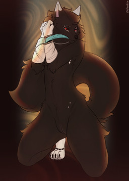 andromorph anklet anthro arms_tied belt black_body black_claws black_fur bound bracelet claws eye_scar eyebrow_piercing facial_piercing facial_scar fur genitals hair humanoid_genitalia humanoid_vulva intersex jewelry kneeling looking_at_viewer neck_tuft nude nude_anthro piercing red_eyes red_sclera scar simple_background smile solo tail tuft vaginal vulva wrapped_arms ertonhin jason_shiro canid canine canis mammal wolf digital_media_(artwork) hi_res