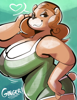 anthro belly big_belly big_breasts bottomwear breasts brown_body brown_fur brown_hair clothing female fur green_bottomwear green_clothing green_shirt green_shorts green_tank_top green_topwear hair heart_symbol huge_breasts orange_hair round_tail shirt shorts side_view simple_background slightly_chubby slightly_chubby_anthro slightly_chubby_female smile solo tail tank_top text thick_thighs topwear white_text gabbah iron_circus_comics_(copyright) that_sexy_bear! ginger_(that_sexy_bear!) bear mammal 2025 absurd_res digital_drawing_(artwork) digital_media_(artwork) english_text hi_res portrait