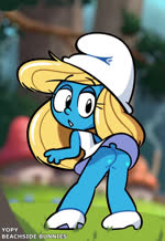 4_fingers black_eyes blonde_hair blue_body blue_skin butt clothed clothing dress exposed_butt eyelashes female fingers footwear hair happy hat headgear headwear long_hair looking_at_viewer looking_back no_underwear not_furry open_mouth open_smile panties phrygian_cap rear_view shoes short_tail simple_background smile smiling_at_viewer solo standing tail topwear underwear white_clothing white_dress white_panties white_underwear beachside_bunnies yopy the_smurfs smurfette humanoid smurf 2025 2d_animation animated artist_collaboration motion_tweening no_sound short_playtime webm