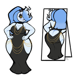 anthro ass_out big_breasts big_butt black_clothing breasts bubble_butt butt butt_cleavage butt_window cleavage clothed clothing dress female fire flaming_hair front_view hair hair_over_eye huge_butt looking_at_mirror looking_at_object looking_at_self meme_attire mirror mirror_reflection pseudo_hair rear_view reflection solo thick_thighs wide_hips digitalpelican hollow_hip_backless_chain_dress meme_clothing modakawa_dress nintendo pokemon lumiere_chandelle_(shocksauce) chandelure generation_5_pokemon pokemon_(species) 2025 hi_res meme