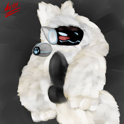 anthro balls big_penis black_penis blue_eyes blue_visor bodily_fluids fur genital_fluids genitals machine male penis pose smile solo white_body atlant_62_1 protogen 1:1 2025 hi_res pinup
