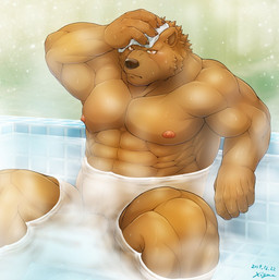 5_fingers abs anthro balls bath biceps biped brown_body brown_eyes brown_fur fingers fur genitals humanoid_hands male muscular muscular_anthro muscular_male pecs penis solo steam_censor xigma bear mammal 2019 signature