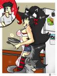 anthro appliance apron bra bread clothed clothing cooking detailed_background egg female feral food fridge group inside kitchen kitchen_appliance kitchen_spatula kitchen_utensils spatula tools underwear halotroll gear_boy gear_girl canid canine canis human mammal wolf absurd_res hi_res