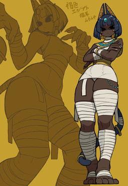 accessory alternate_species bandage bandaged_foot bandaged_leg bandaged_tail bangs black_eyes blue_hair blue_tail blunt_bangs bob_cut bracelet breasts claws clothing crossed_arms dark_body dark_skin ear_piercing egyptian egyptian_clothing female fingernails furgonomics hair humanoidized jewelry kalasiris looking_at_viewer low-angle_view medium_breasts mummy_wrappings nails panties panty_shot piercing ring sharp_fingernails sharp_nails short_hair skindentation solo tail tail_accessory tail_jewelry tail_ring text thick_thighs underwear uraeus usekh white_claws wide_hips bone_nigi animal_crossing nintendo ankha_(animal_crossing) animal_humanoid cat_humanoid felid felid_humanoid feline feline_humanoid humanoid mammal mammal_humanoid digital_drawing_(artwork) digital_media_(artwork) full-length_portrait hi_res japanese_text portrait