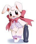 anthro blush dildo female fur genitals happy looking_at_viewer navel open_mouth pussy sex_toy simple_background solo teeth white_background white_body white_fur young young_anthro young_female senpuuki-chan lagomorph leporid mammal rabbit 2014