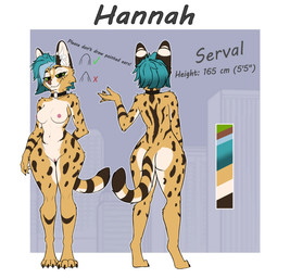 anthro blue_hair female fur green_eyes hair looking_at_viewer markings round_ears simple_background solo spots spotted_body white_body white_fur yellow_body yellow_fur conditional_dnp warest hannah_(warest) felid feline mammal serval absurd_res hi_res model_sheet