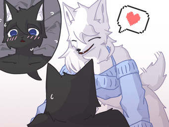 anthro black_body black_fur blue_clothing blue_eyes blue_topwear blush blush_lines clothed clothing duo eyes_closed female fur heart_symbol male no_underwear pushing_down smile tail tail_motion tailwag topwear white_body white_fur lokaner loina silas_(lokaner) canid canine domestic_cat felid feline felis fox mammal